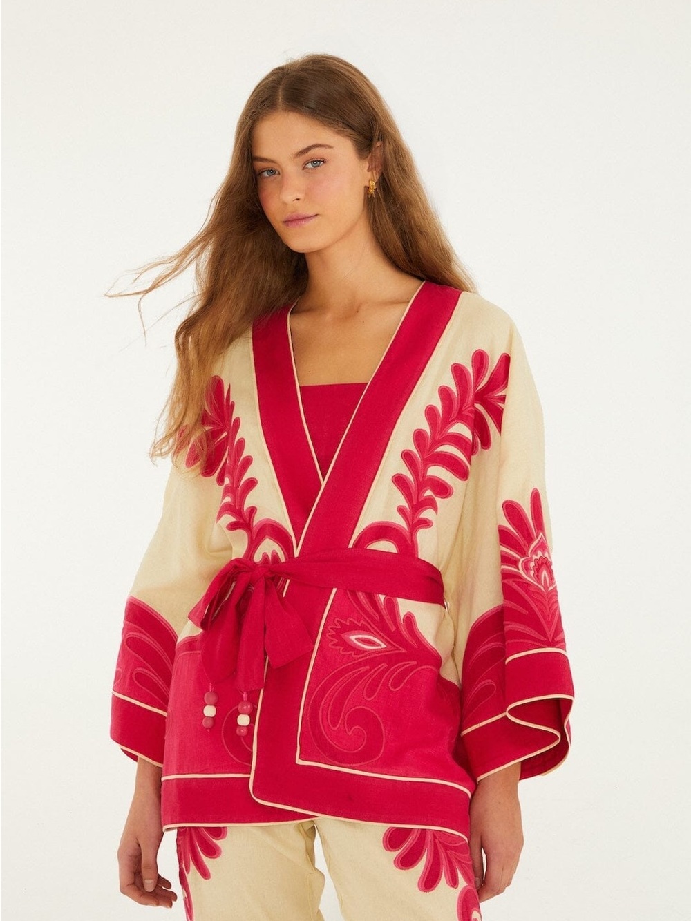 FARM RIO Pink Spring Arabesc Cutwork Kimono